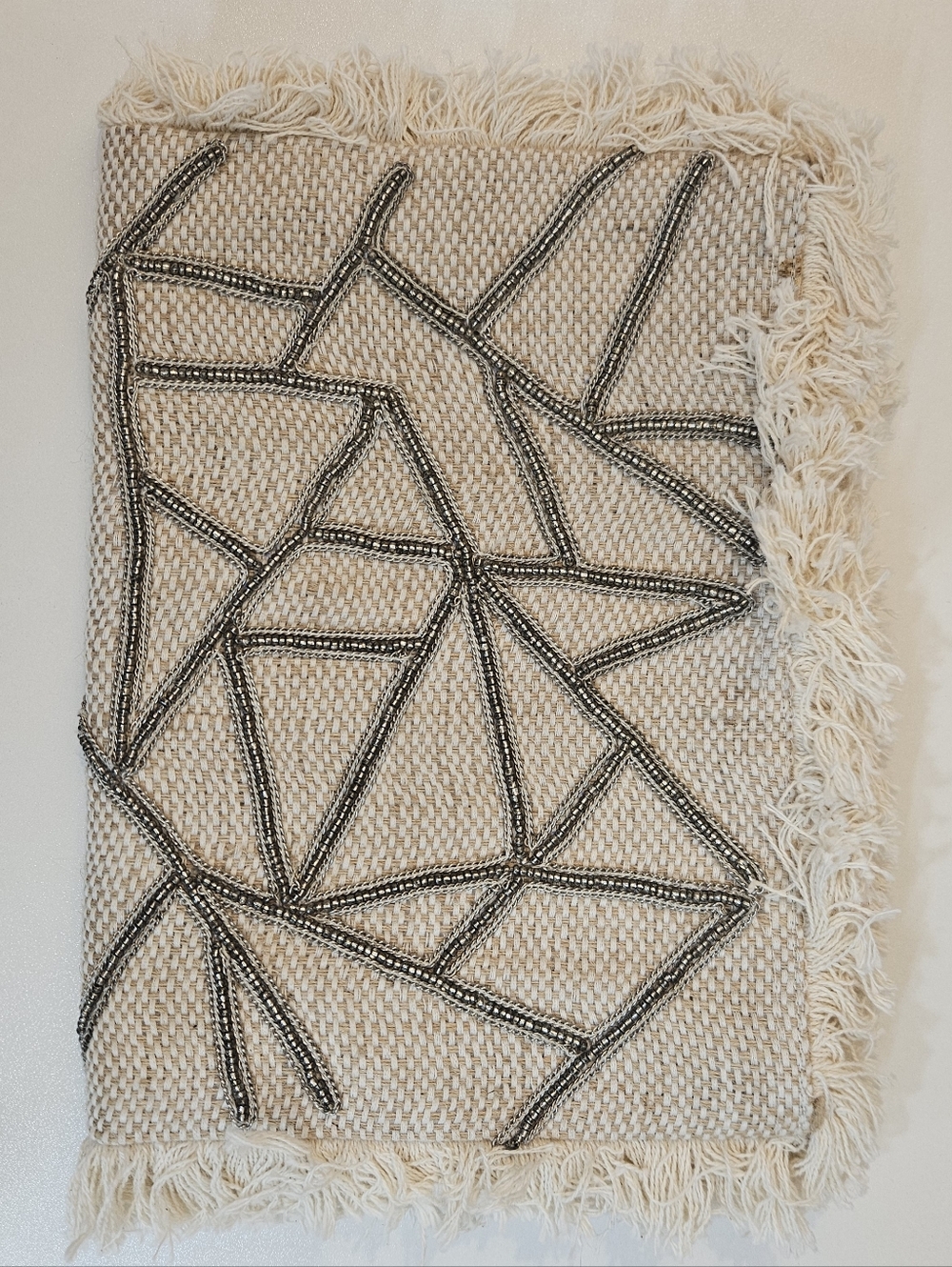 Love Binetti Beaded Fringe Fold Over Clutch Bag Beige Fabric